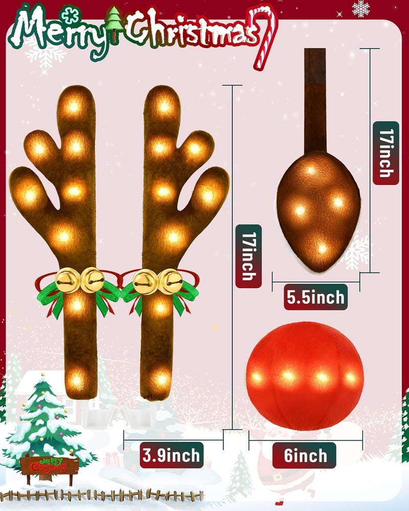 Dergo Christmas Reindeer Antlers Car Decoration Kit, LED Lights Nose Vehicle with Jingle Bells Rudolph, Auto Holiday Accessories for SUV Van Truck Decor Warm White - Image 3